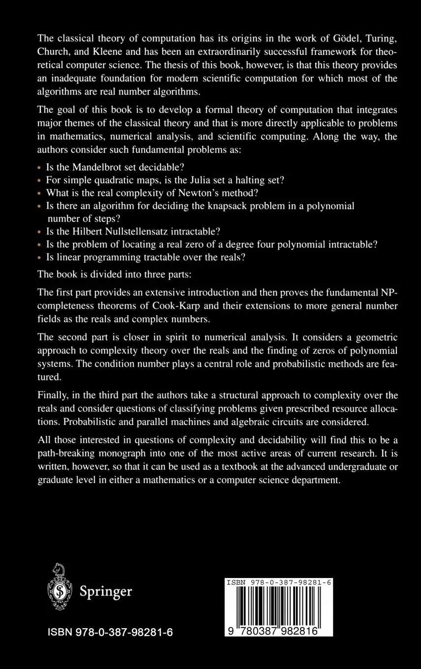 Rückseite: 9780387982816 | Complexity and Real Computation | Lenore Blum (u. a.) | Buch | xvi