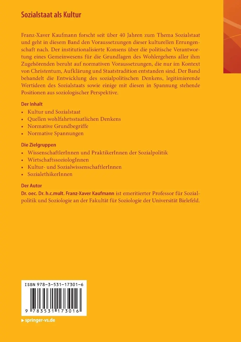 Rückseite: 9783531173016 | Sozialstaat als Kultur | Soziologische Analysen II | Kaufmann | Buch