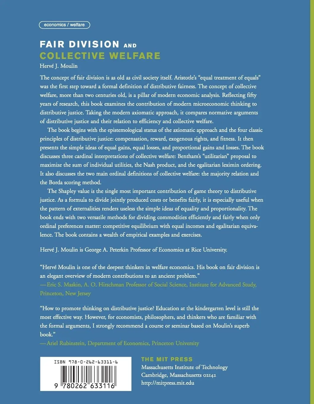 Rückseite: 9780262633116 | Fair Division and Collective Welfare | Herve Moulin | Taschenbuch