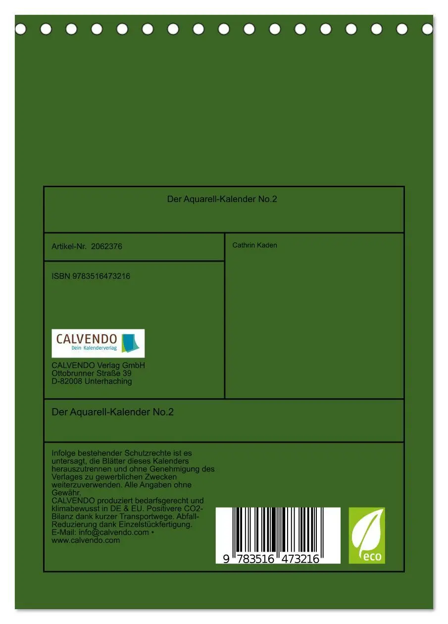 Bild: 9783516473216 | Der Aquarell-Kalender No.2 (Tischkalender 2026 DIN A5 hoch),...