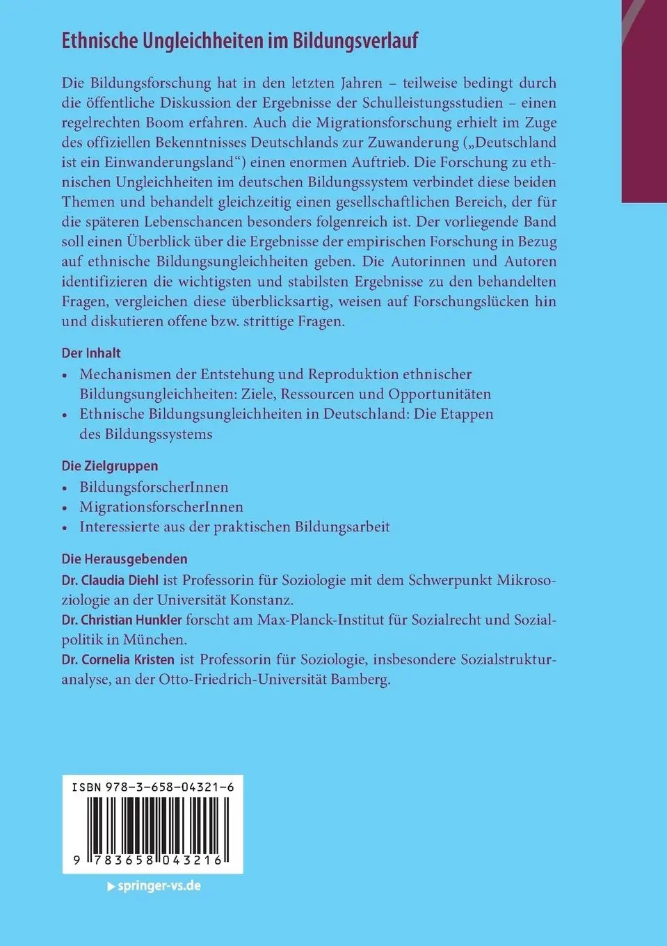 Rückseite: 9783658043216 | Ethnische Ungleichheiten im Bildungsverlauf | Claudia Diehl (u. a.)