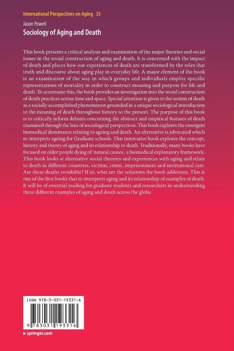 Rückseite: 9783031193316 | Sociology of Aging and Death | Jason Powell | Taschenbuch | vii | 2023