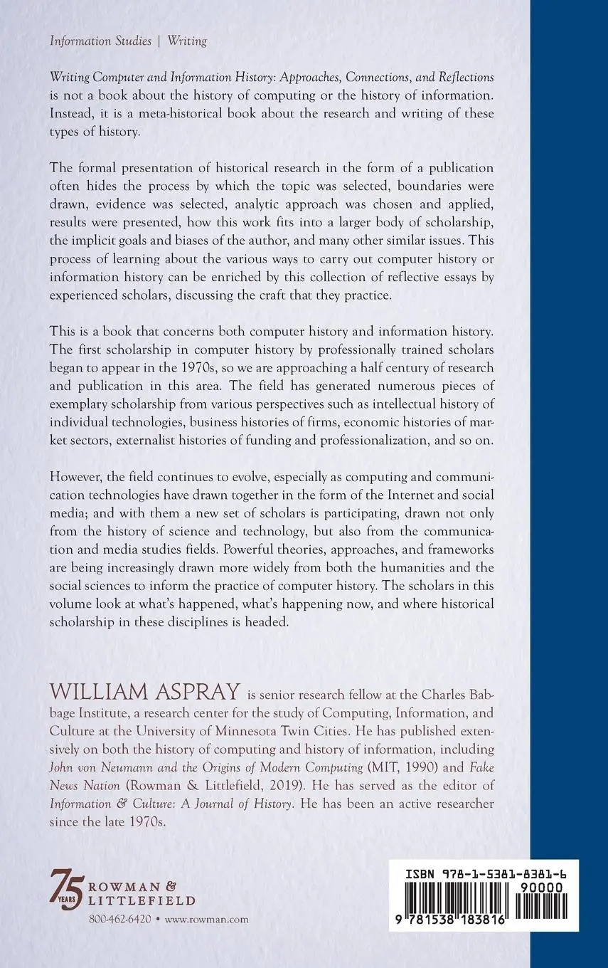 Rückseite: 9781538183816 | Writing Computer and Information History | William Aspray | Buch