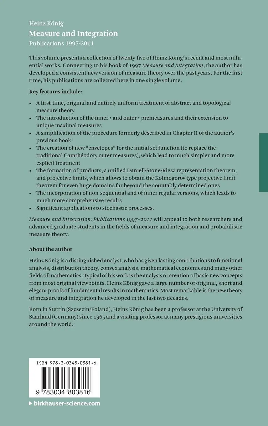 Rückseite: 9783034803816 | Measure and Integration | Publications 1997-2011 | Heinz König | Buch
