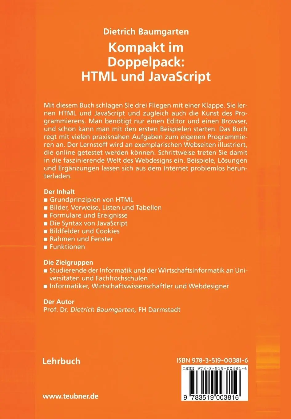 Rückseite: 9783519003816 | Kompakt im Doppelpack: HTML und JavaScript | Webdesign für Einsteiger