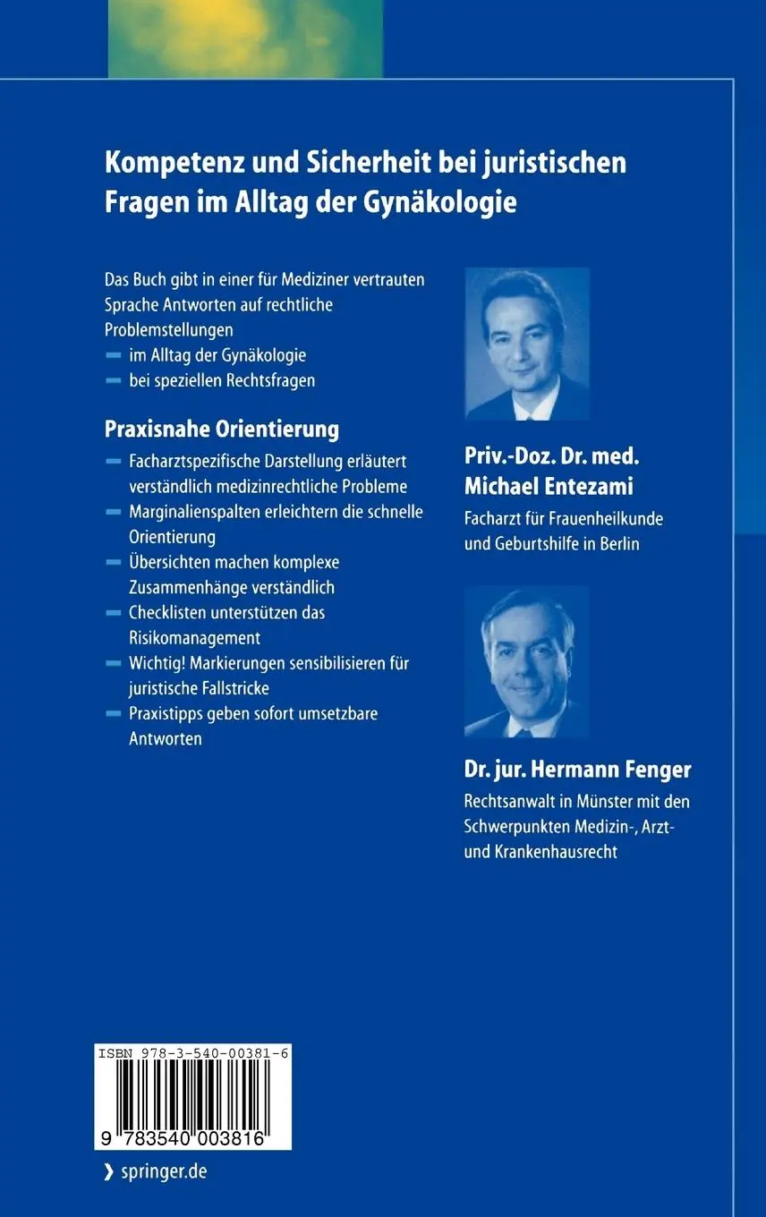 Rückseite: 9783540003816 | Gynäkologie und Recht | Michael Entezami (u. a.) | Buch | xxxviii