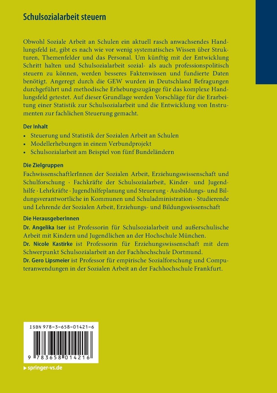 Rückseite: 9783658014216 | Schulsozialarbeit steuern | Angelika Iser (u. a.) | Taschenbuch | viii