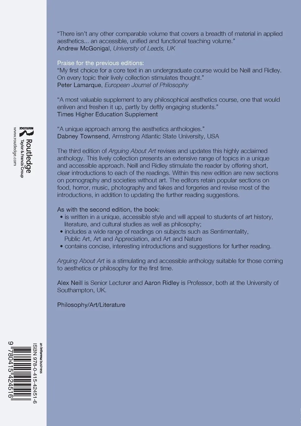 Rückseite: 9780415424516 | Arguing About Art | Contemporary Philosophical Debates | Neill (u. a.)