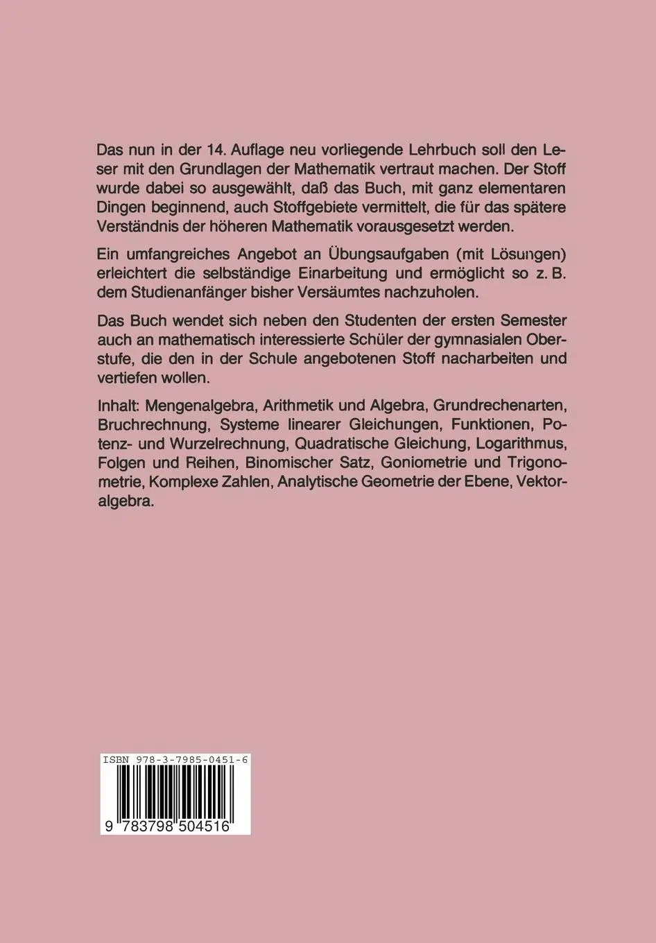 Rückseite: 9783798504516 | Elementar-Mathematik | Ein Vorkurs zur Höheren Mathematik | Buch | xiv