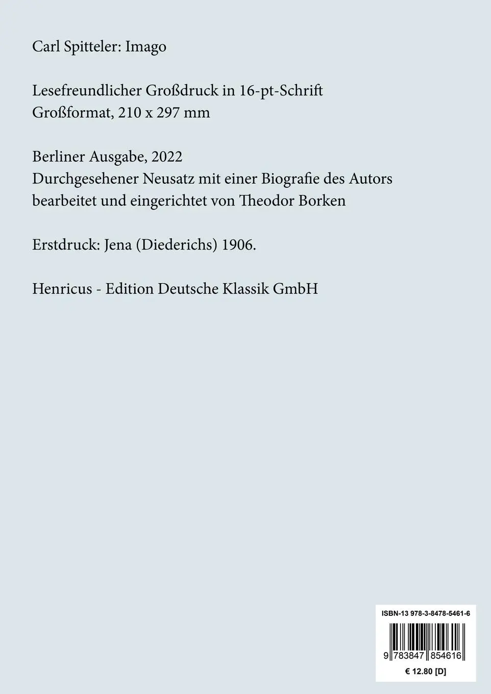 Rückseite: 9783847854616 | Imago (Großdruck) | Carl Spitteler | Taschenbuch | Paperback | 172 S.