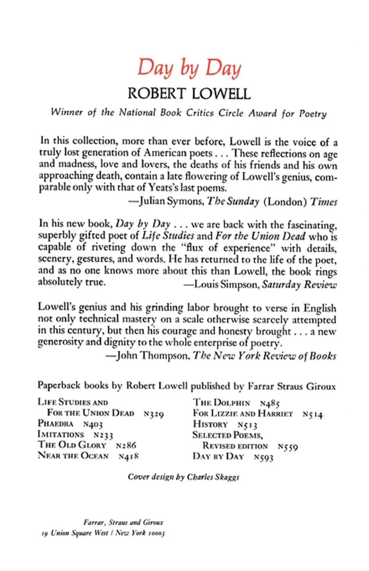 Rückseite: 9780374514716 | Day by Day | Robert Lowell | Taschenbuch | Kartoniert / Broschiert