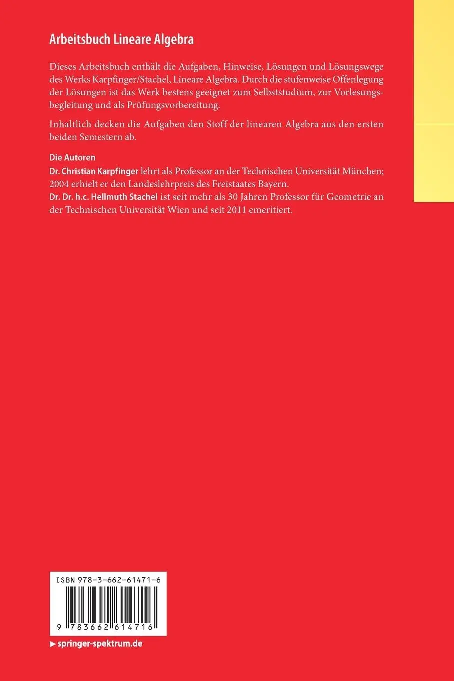 Rückseite: 9783662614716 | Arbeitsbuch Lineare Algebra | Hellmuth Stachel (u. a.) | Taschenbuch