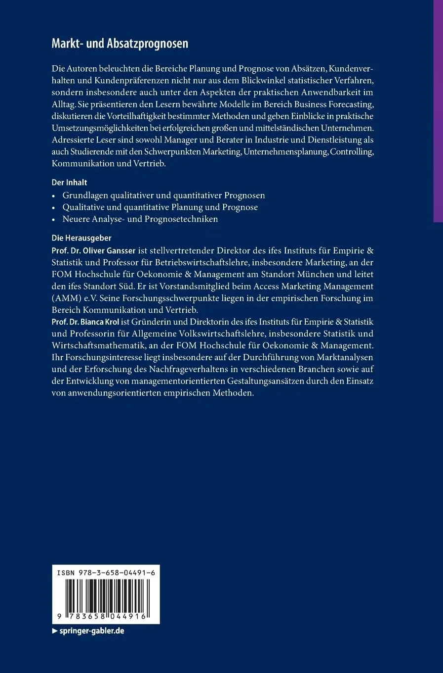 Rückseite: 9783658044916 | Markt- und Absatzprognosen | Modelle - Methoden - Anwendung | Buch