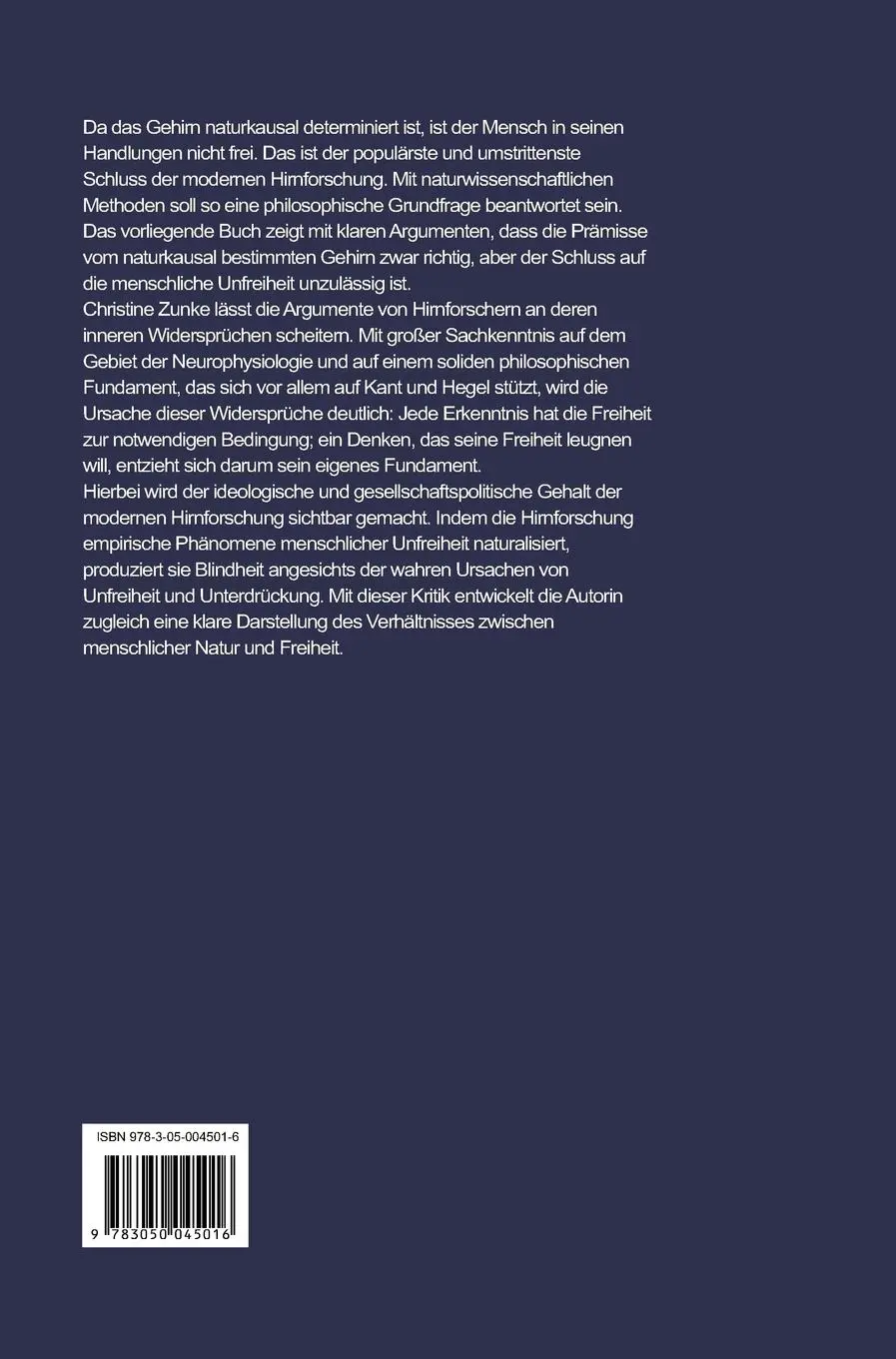 Rückseite: 9783050045016 | Kritik der Hirnforschung | Neurophysiologie und Willensfreiheit | Buch