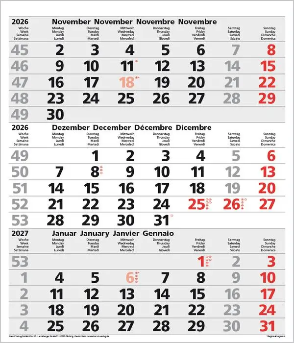 Bild: 9783731885016 | 3-Monats-Planer Comfort Grau 2026 | Verlag Korsch | Kalender | 12 S.