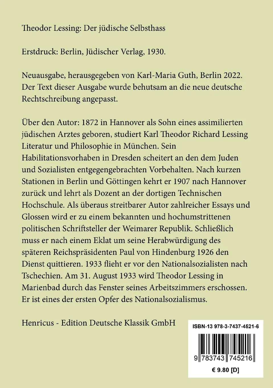 Rückseite: 9783743745216 | Der jüdische Selbsthass | Theodor Lessing | Taschenbuch | Paperback