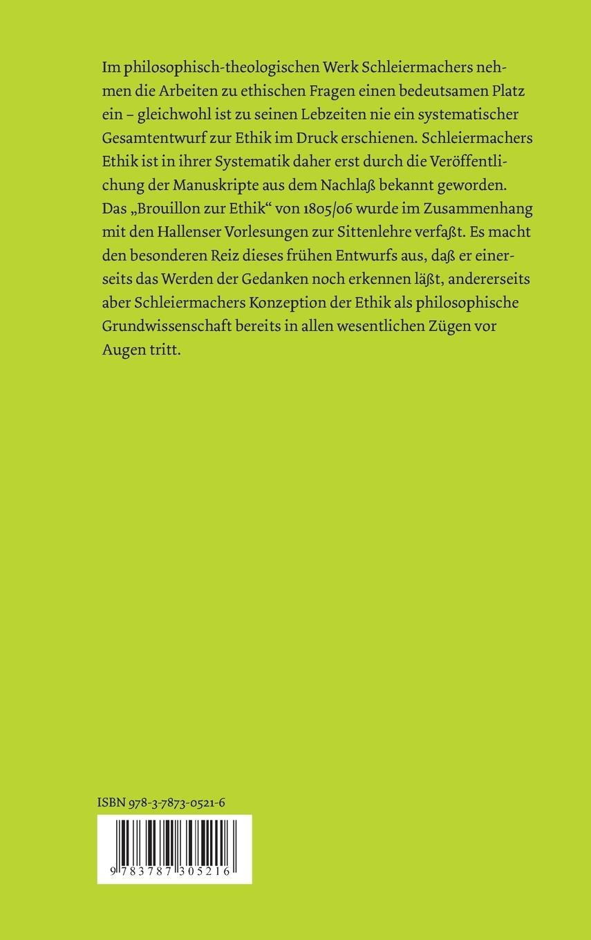 Rückseite: 9783787305216 | Brouillon zur Ethik (1805/06) | Friedrich Schleiermacher | Buch | 1981