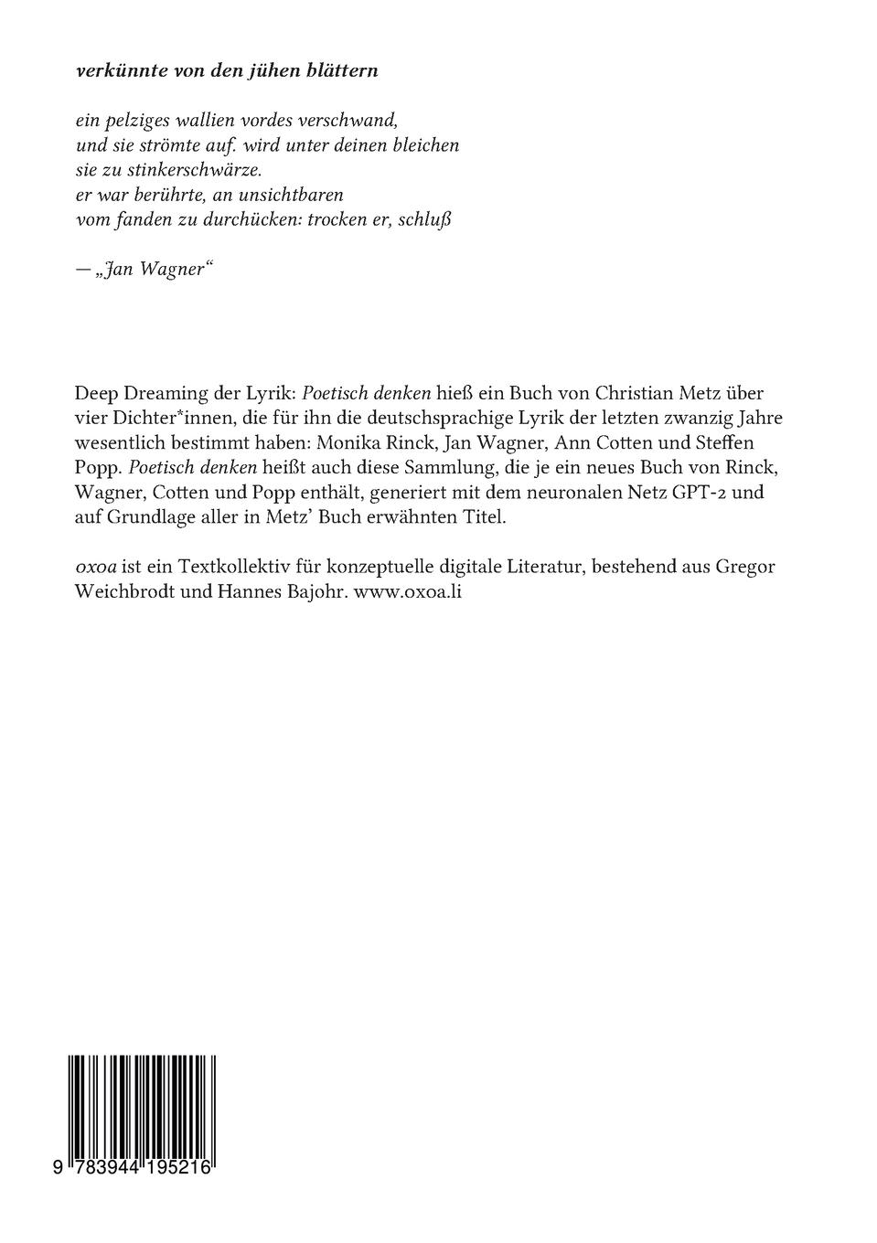 Rückseite: 9783944195216 | Poetisch denken 2: Jan Wagner | Xa (Hg. | Taschenbuch | Deutsch | 2020