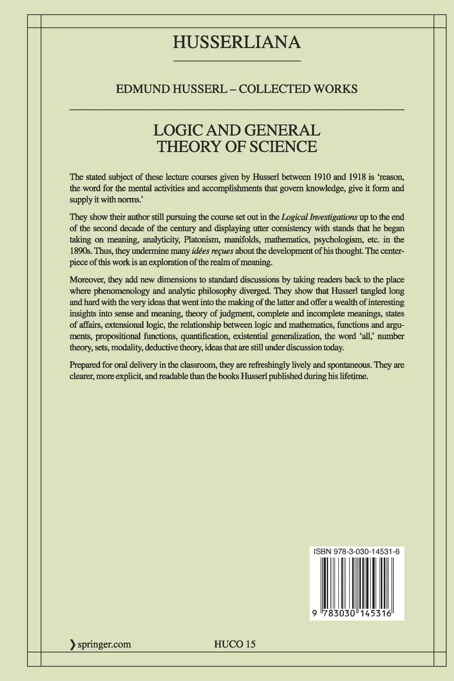 Rückseite: 9783030145316 | Logic and General Theory of Science | Edmund Husserl | Taschenbuch | l