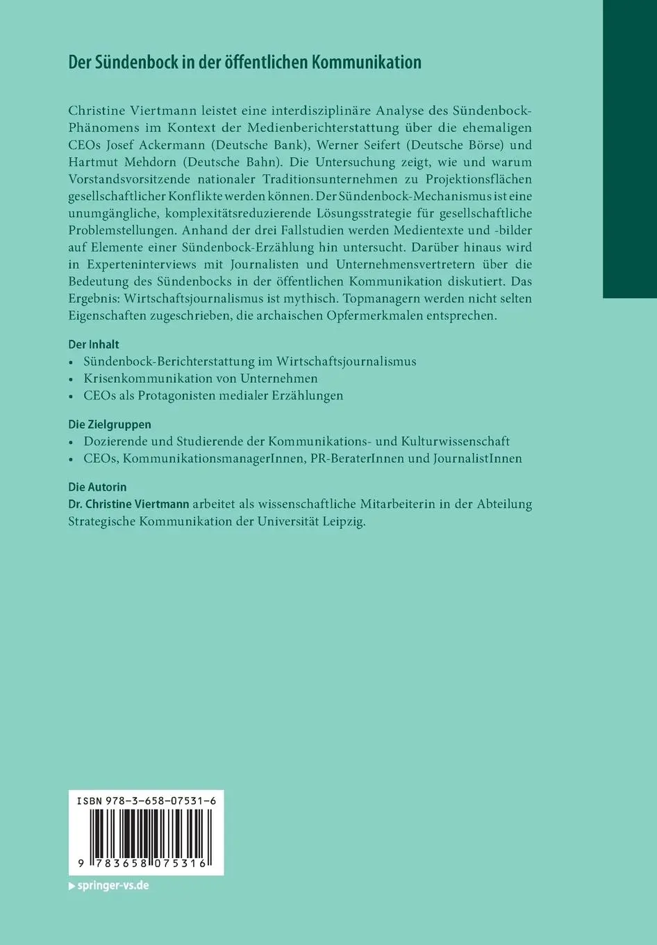 Rückseite: 9783658075316 | Der Sündenbock in der öffentlichen Kommunikation | Christine Viertmann