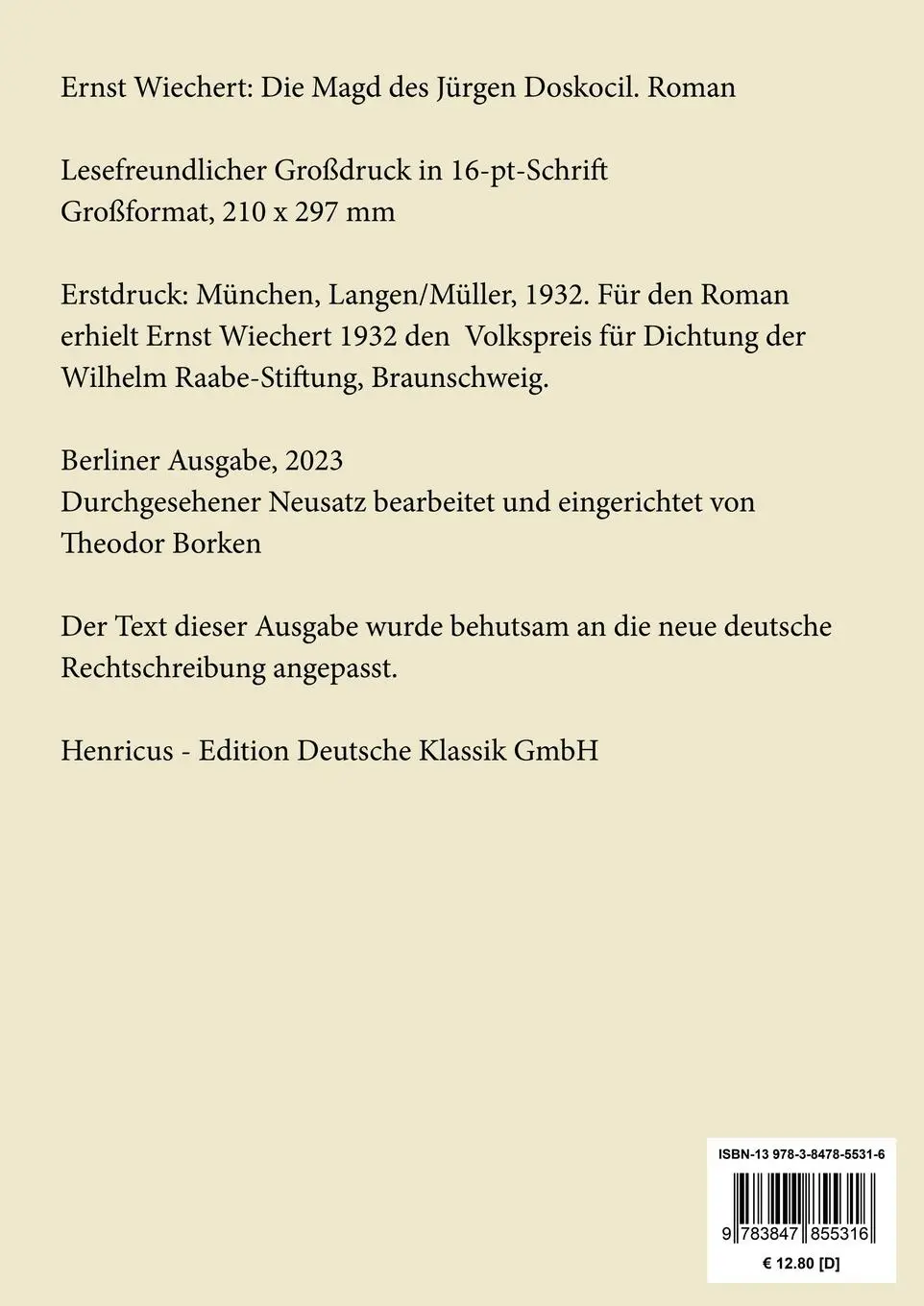 Rückseite: 9783847855316 | Die Magd des Jürgen Doskocil (Großdruck) | Roman | Ernst Wiechert