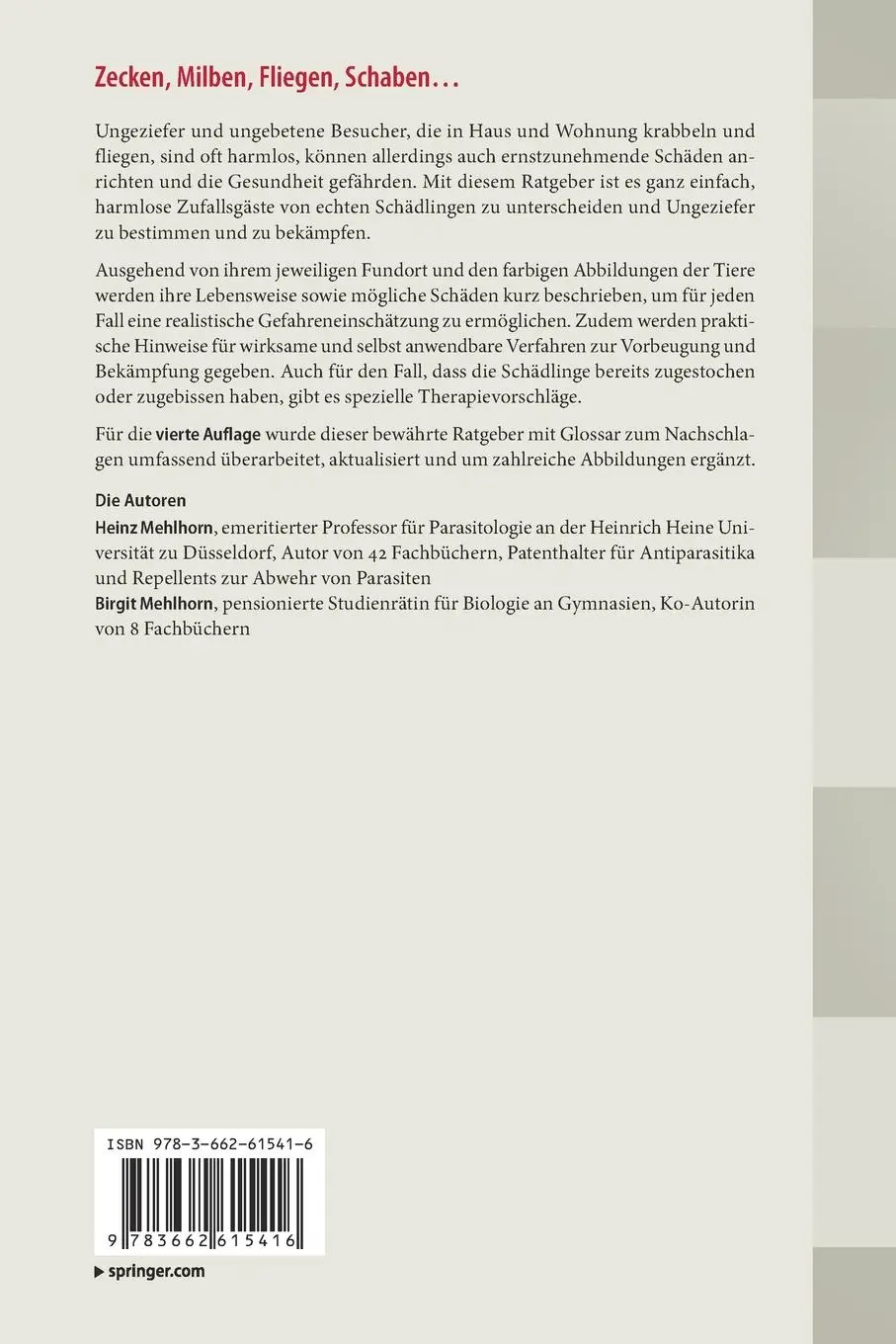Rückseite: 9783662615416 | Zecken, Milben, Fliegen, Schaben ... | Schach dem Ungeziefer | Buch
