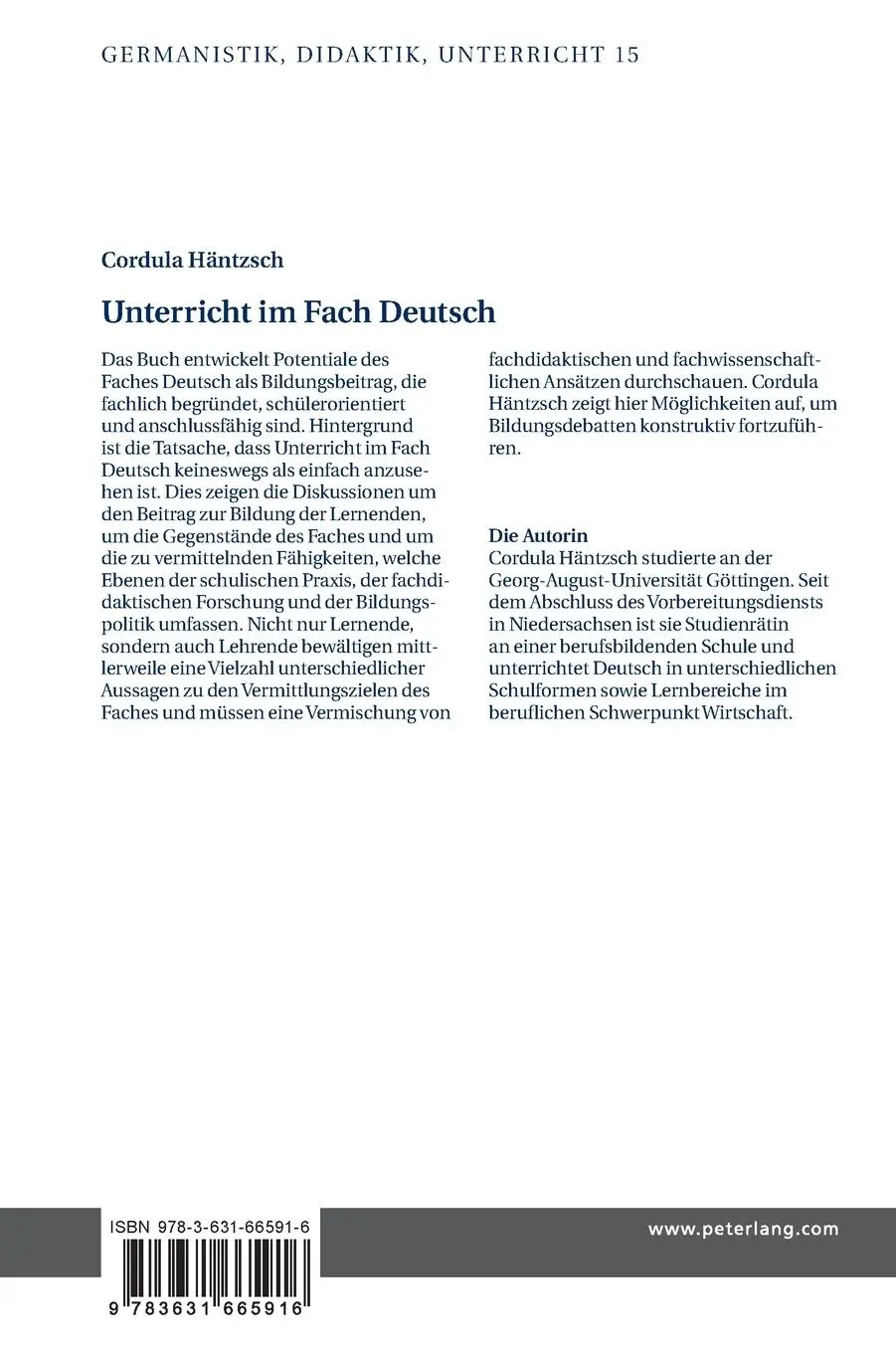 Rückseite: 9783631665916 | Unterricht im Fach Deutsch | Cordula Häntzsch | Buch | Gebunden | 2015