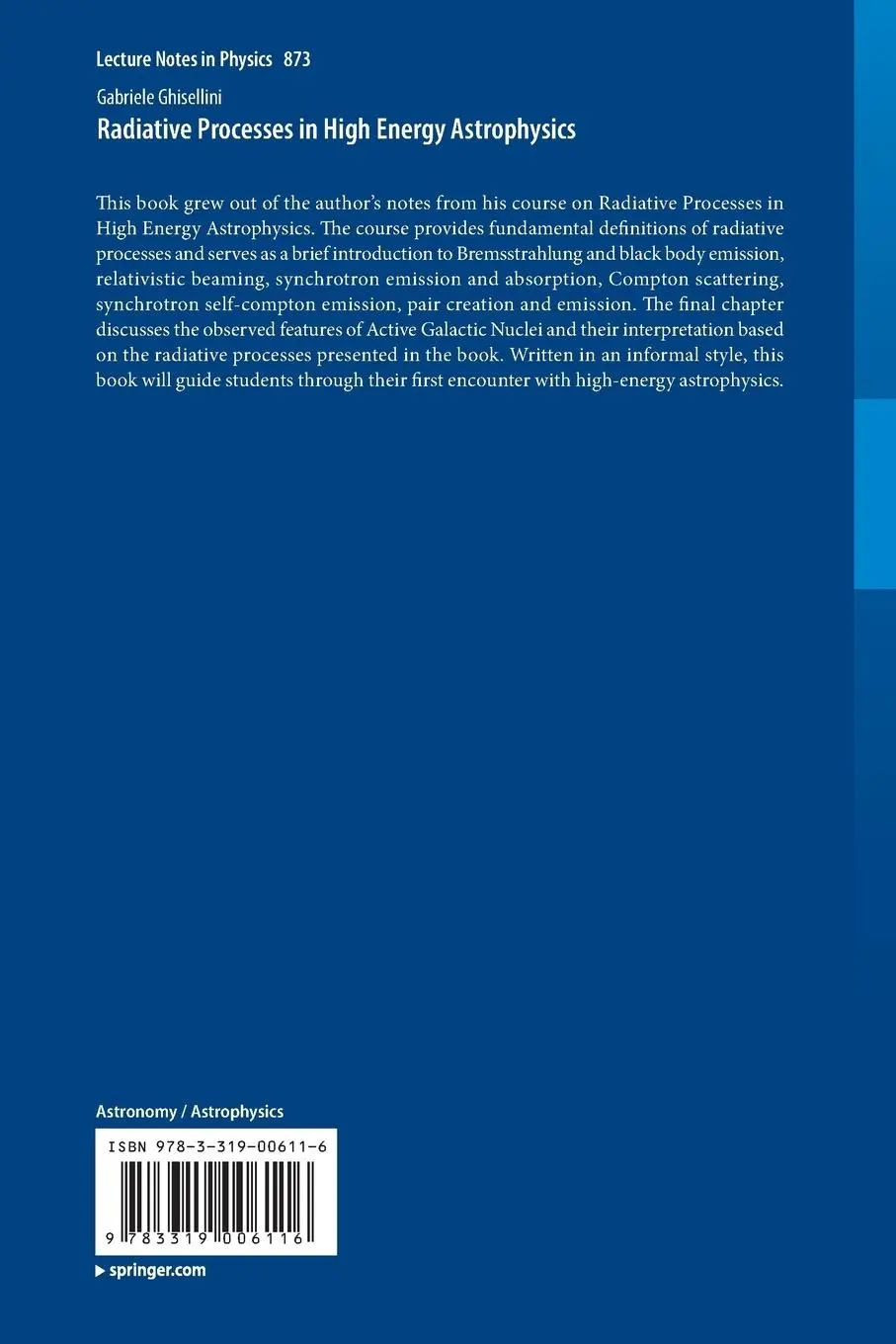 Rückseite: 9783319006116 | Radiative Processes in High Energy Astrophysics | Gabriele Ghisellini