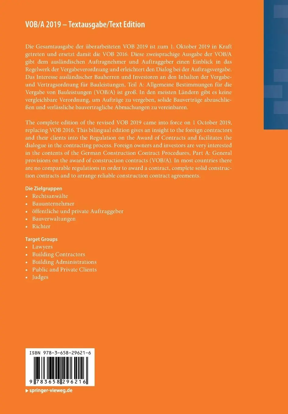 Rückseite: 9783658296216 | VOB/A 2019 - Textausgabe/Text Edition | GmbH | Taschenbuch | v | 2020