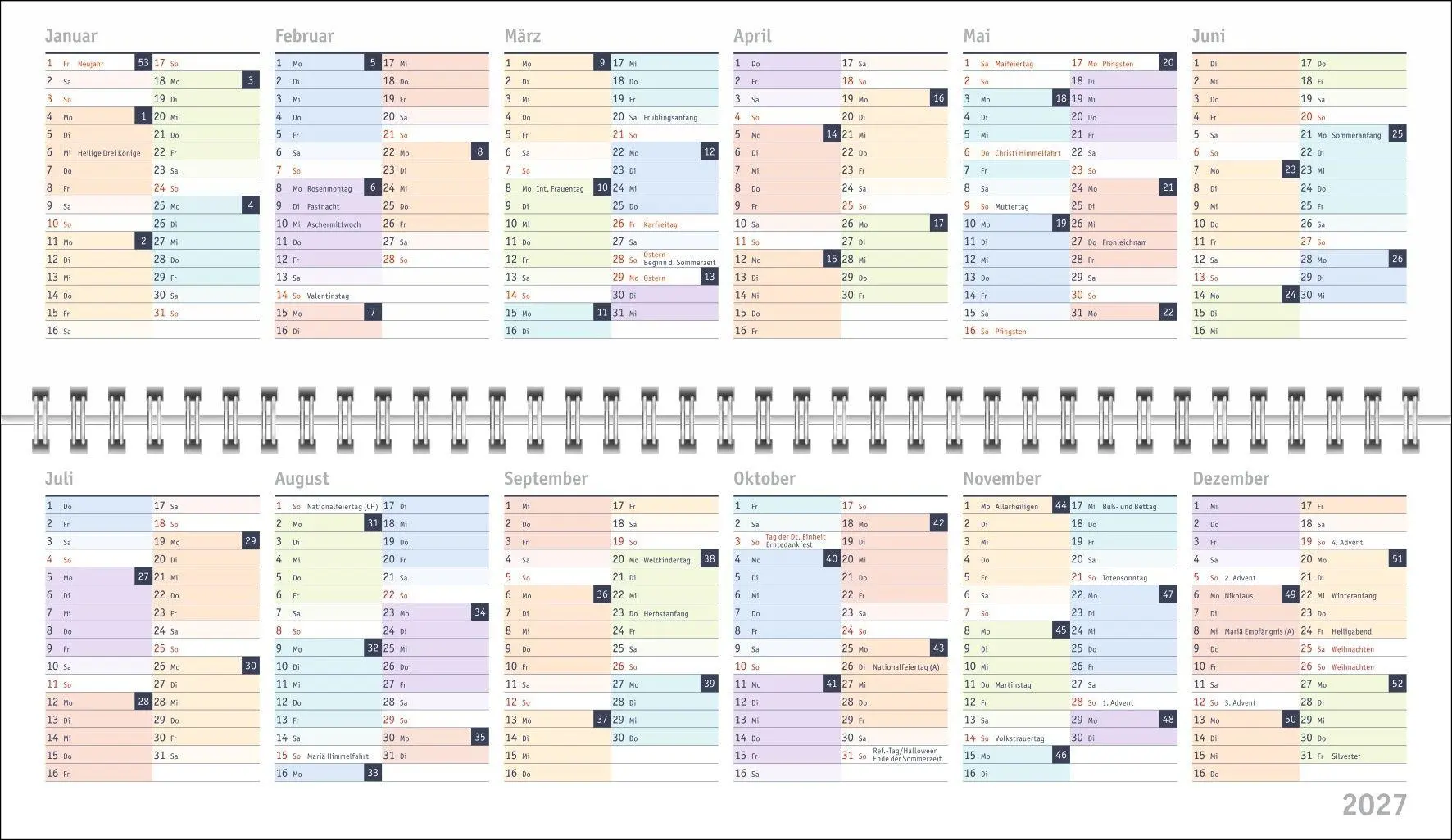 Bild: 9783756416516 | Bunte Wochen Wochenquerplaner 2027 | Heye | Kalender | Spiralbindung