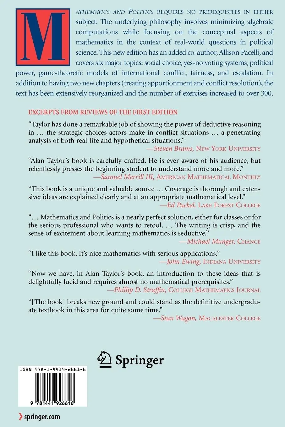 Rückseite: 9781441926616 | Mathematics and Politics | Strategy, Voting, Power, and Proof | Buch