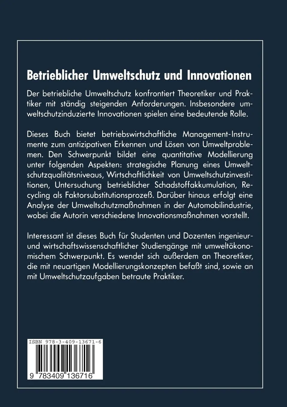 Rückseite: 9783409136716 | Betrieblicher Umweltschutz und Innovationen | Doris Wessels | Buch