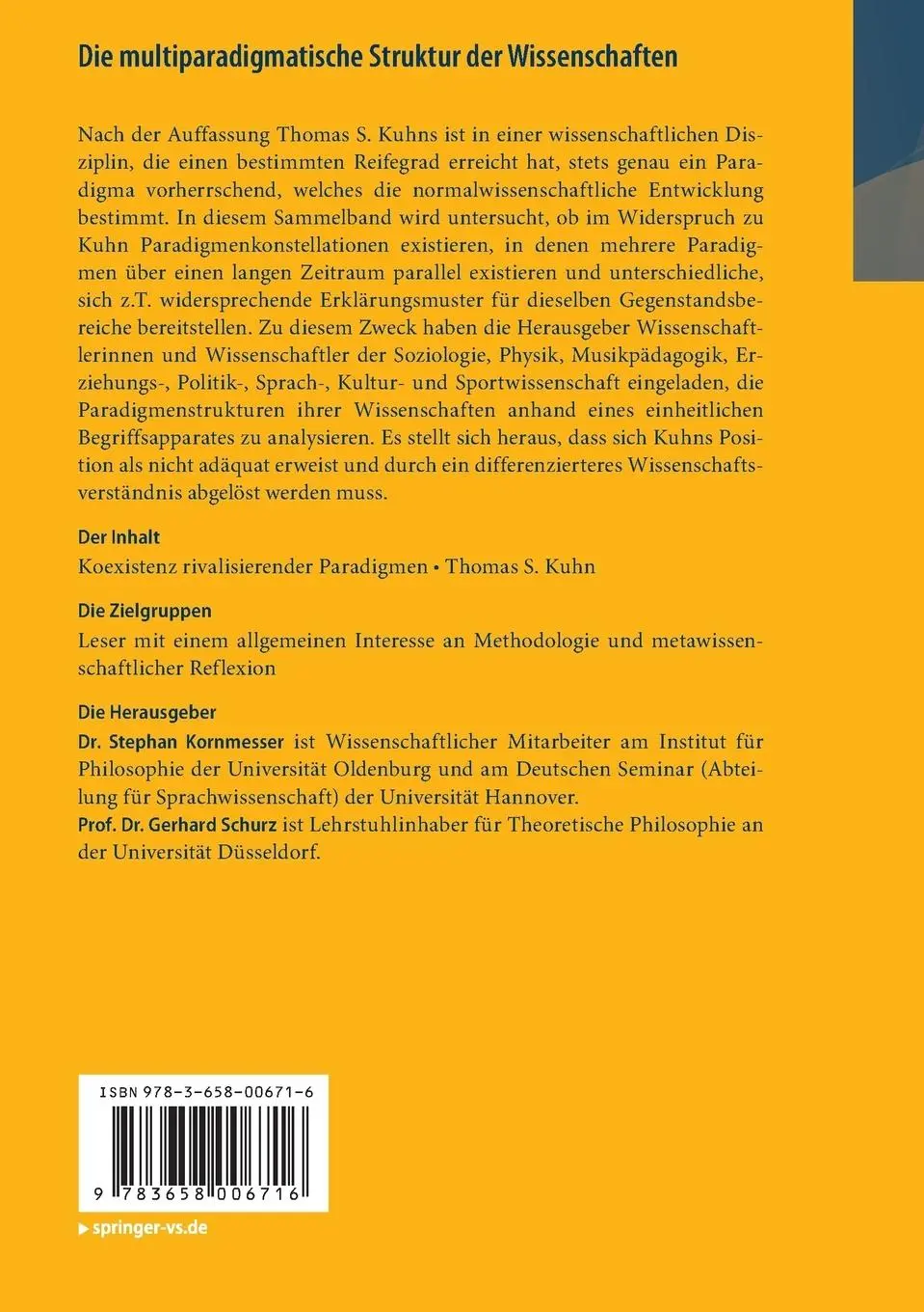 Rückseite: 9783658006716 | Die multiparadigmatische Struktur der Wissenschaften | Schurz (u. a.)