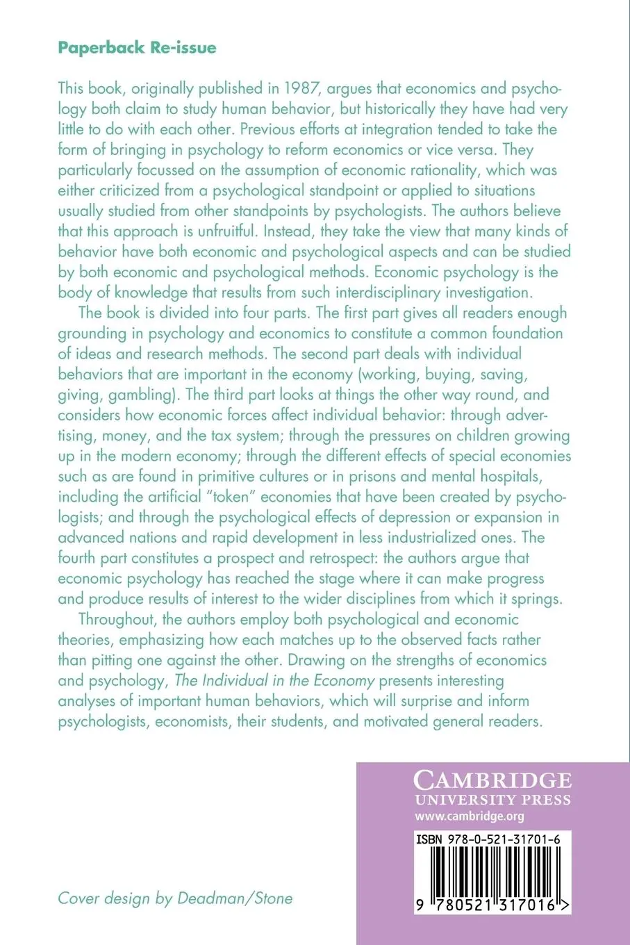 Rückseite: 9780521317016 | The Individual in the Economy | A Textbook of Economic Psychology