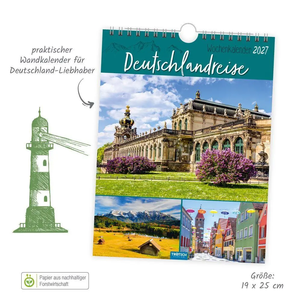 Bild: 9783988027016 | TRÖTSCH - Wochenkalender zum Hängen Deutschlandreise 2027 | KG | 2027