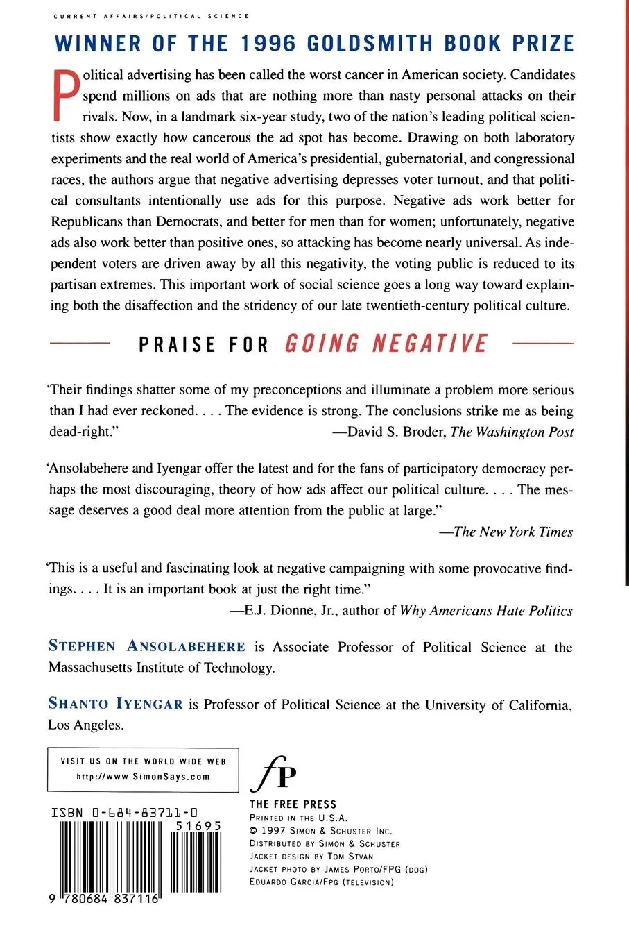 Rückseite: 9780684837116 | Going Negative | Stephen Ansolabehere | Taschenbuch | Paperback | 1997