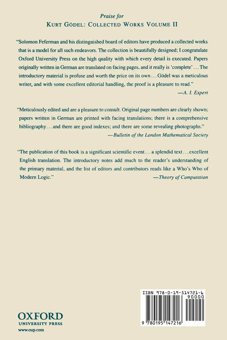 Rückseite: 9780195147216 | Collected Works | Volume II: Publications 1938-1974 | Godel (u. a.)