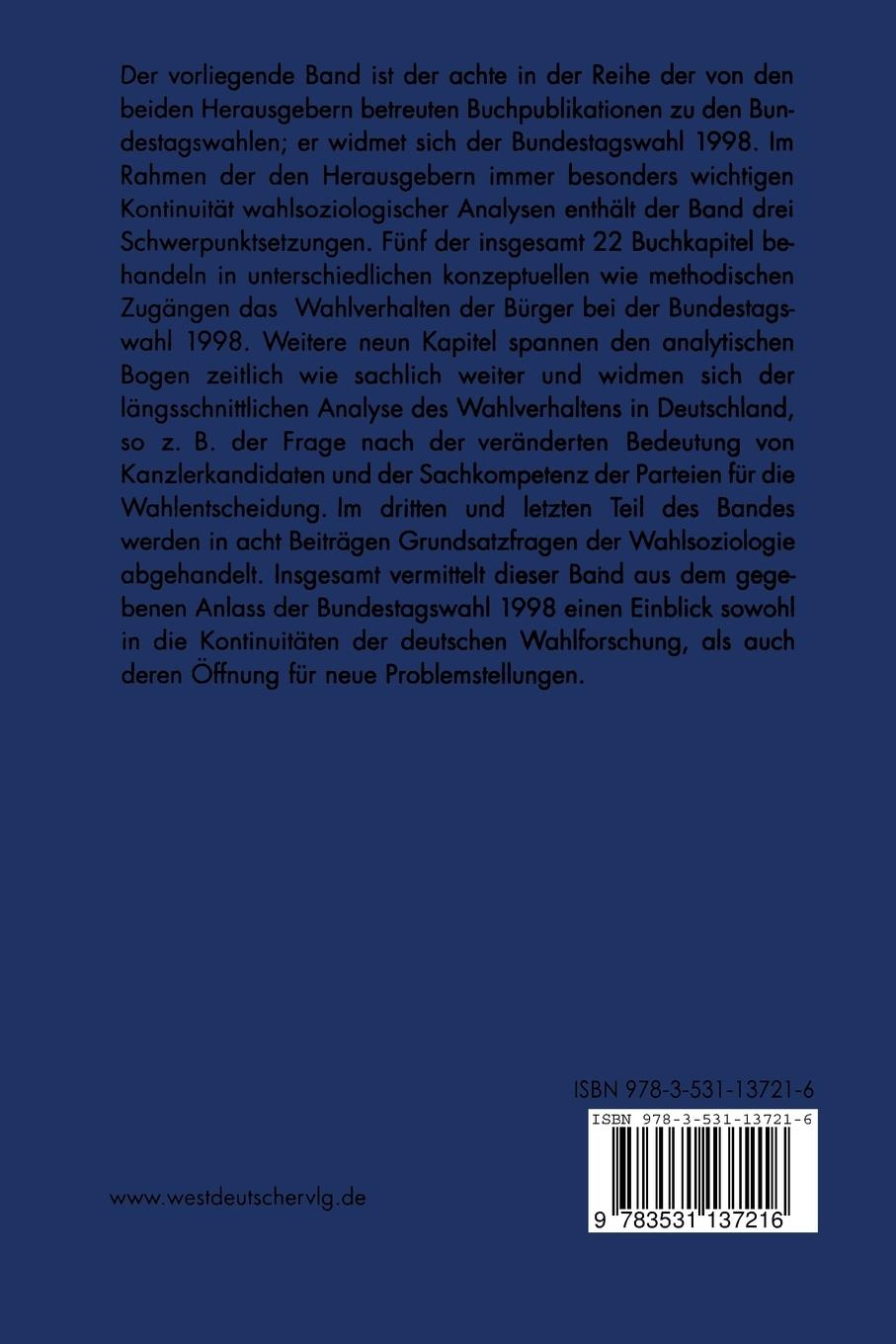 Rückseite: 9783531137216 | Wahlen und Wähler | Analysen aus Anlass der Bundestagswahl 1998 | Buch