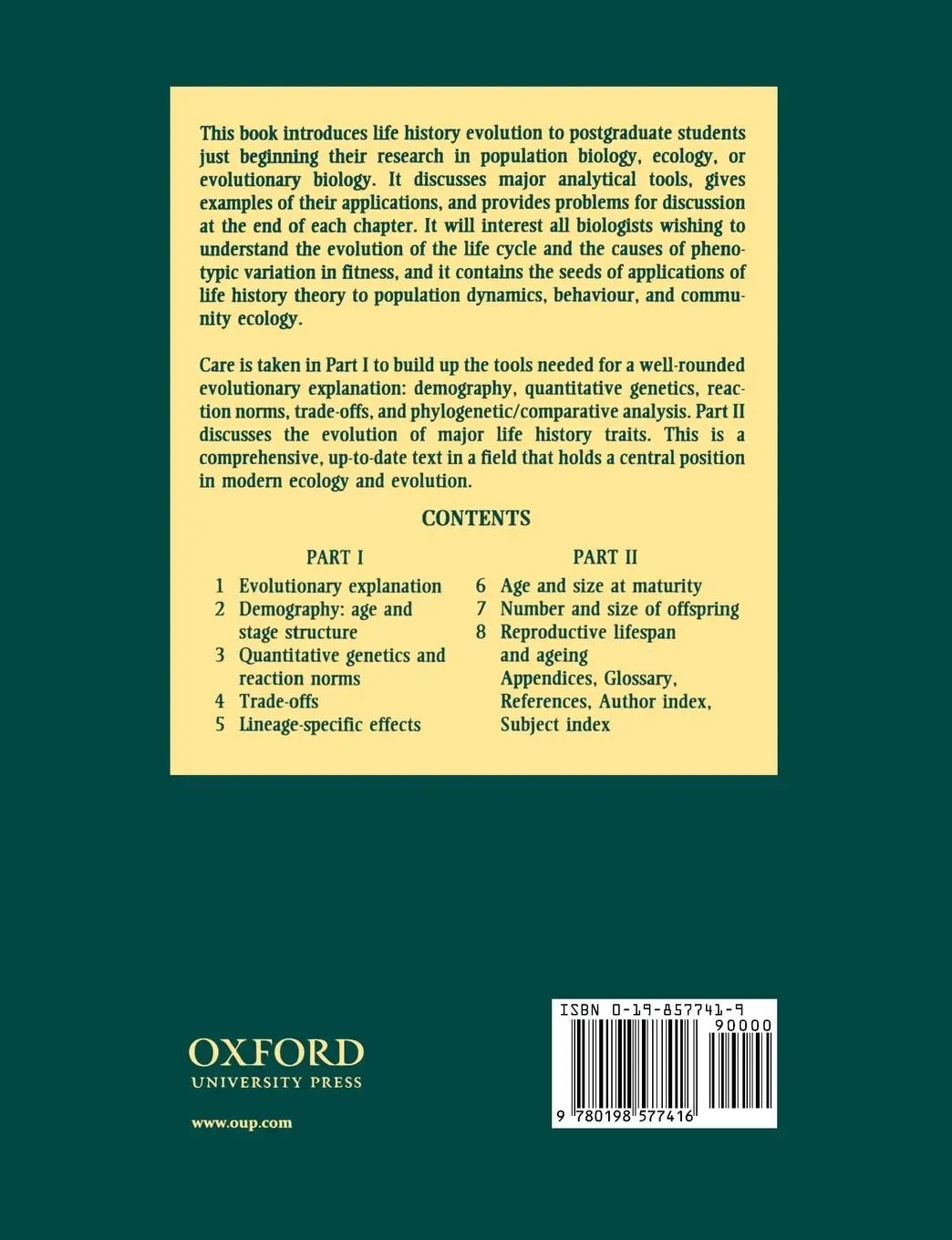 Rückseite: 9780198577416 | The Evolution of Life Histories | S. C. Stearns | Taschenbuch | 1992