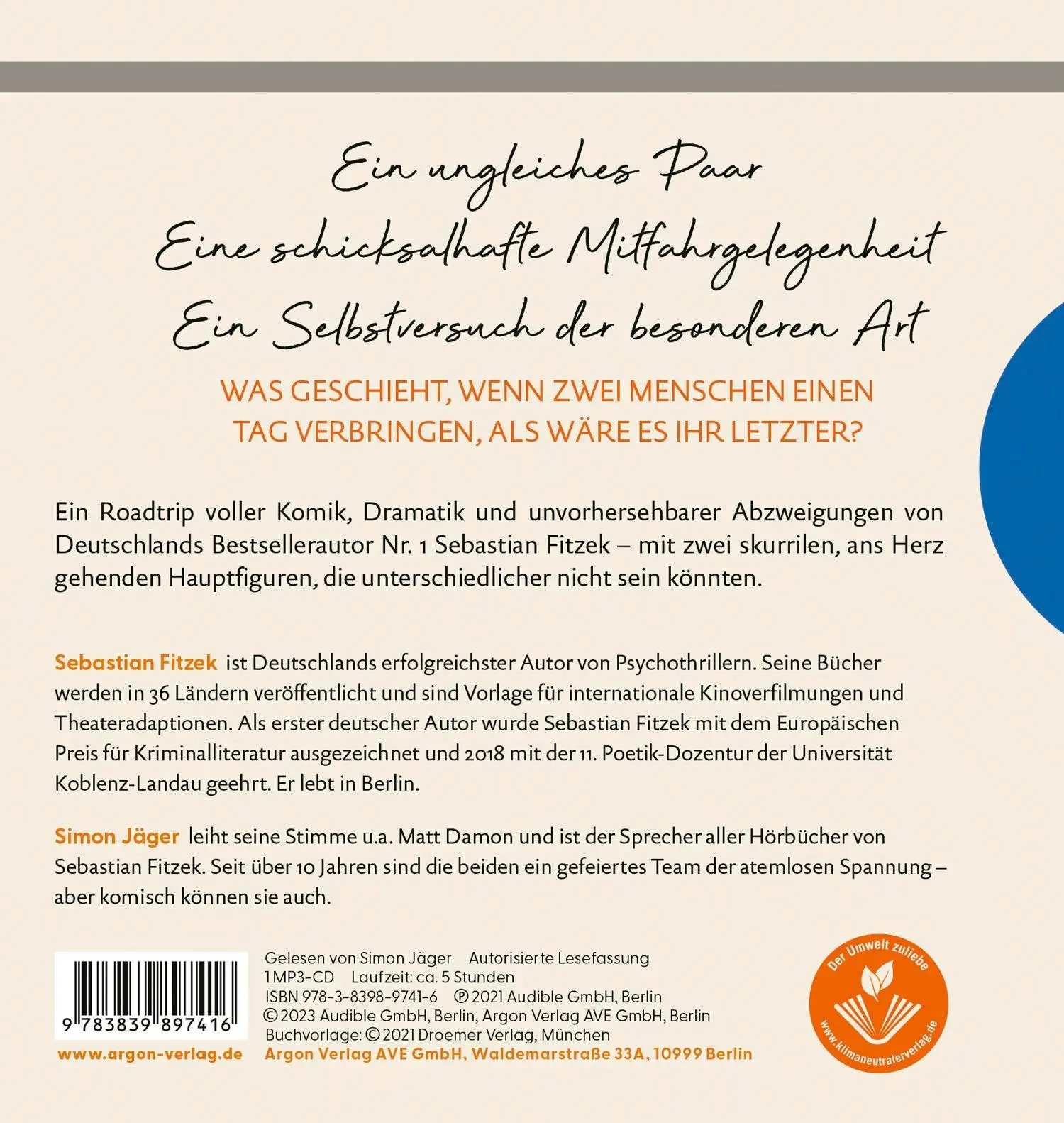 Rückseite: 9783839897416 | Der erste letzte Tag | Kein Thriller | Sebastian Fitzek | MP3 | 2023