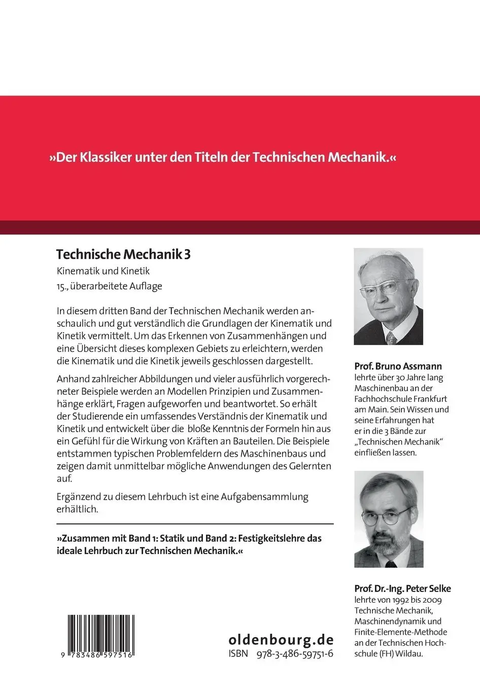 Rückseite: 9783486597516 | Technische Mechanik 3 | Band 3: Kinematik und Kinetik | Selke (u. a.)