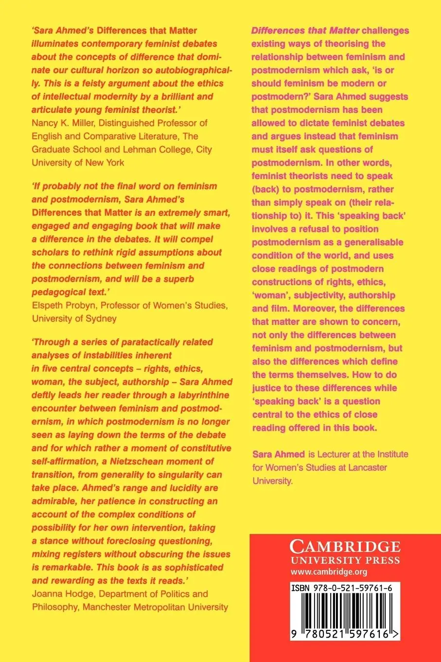 Rückseite: 9780521597616 | Differences That Matter | Feminist Theory and Postmodernism | Ahmed