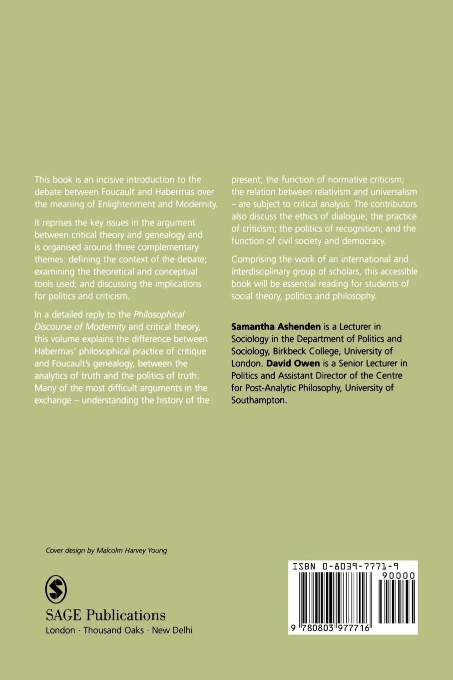 Rückseite: 9780803977716 | Foucault Contra Habermas | Samantha Ashenden (u. a.) | Taschenbuch