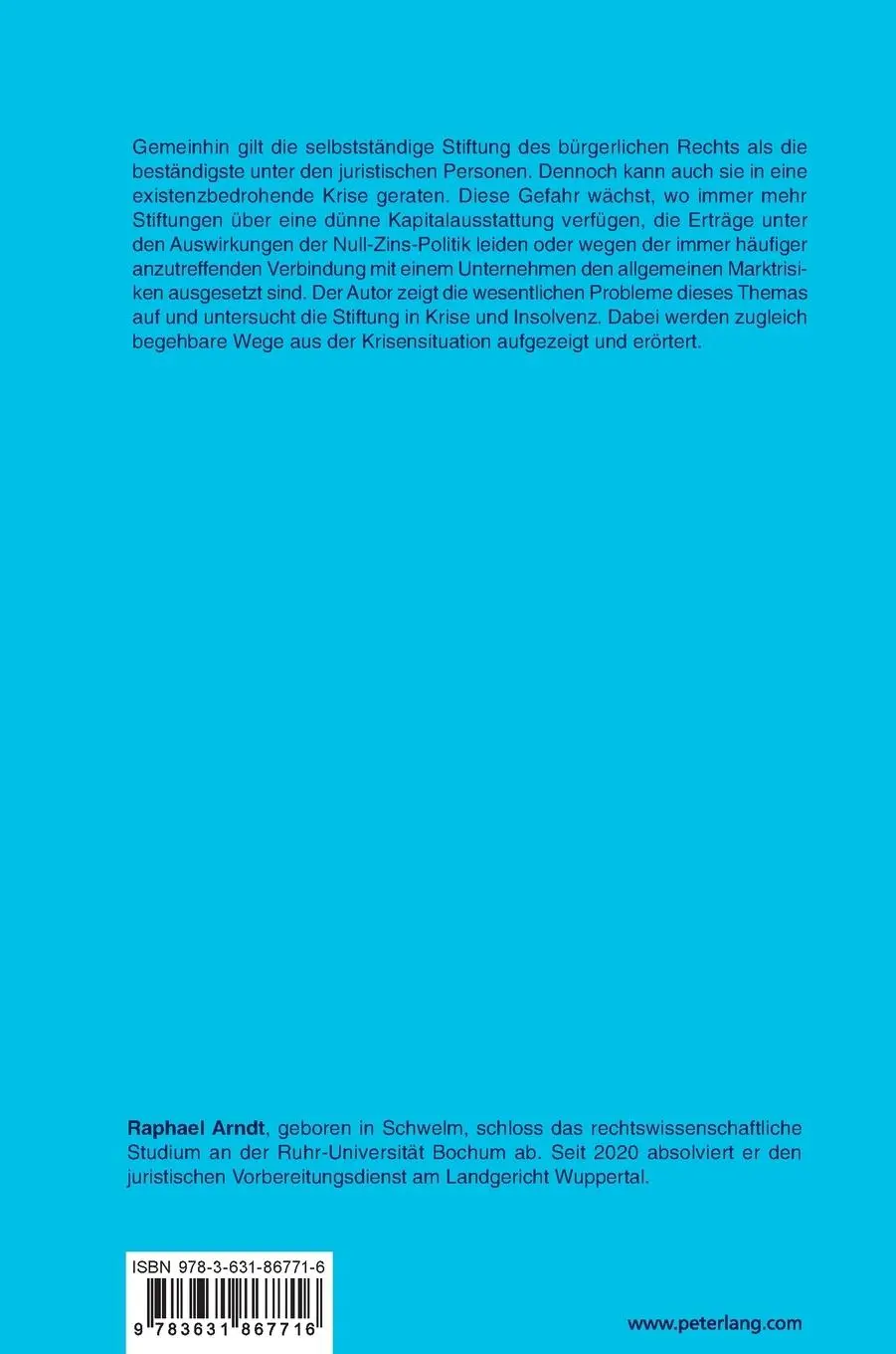 Rückseite: 9783631867716 | Die Stiftung in Krise, Sanierung und Insolvenz | Raphael Arndt | Buch