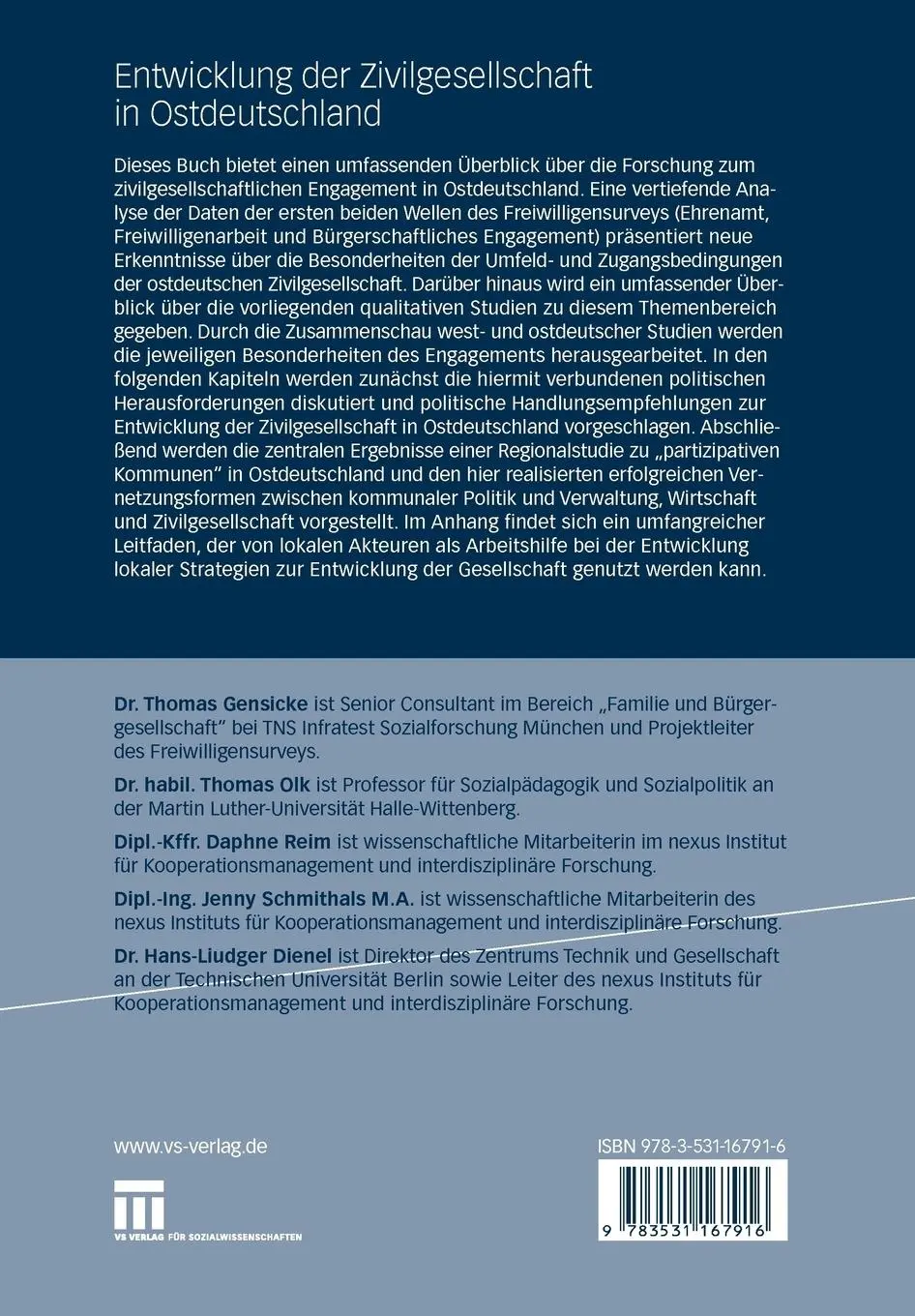 Rückseite: 9783531167916 | Entwicklung der Zivilgesellschaft in Ostdeutschland | Gensicke (u. a.)