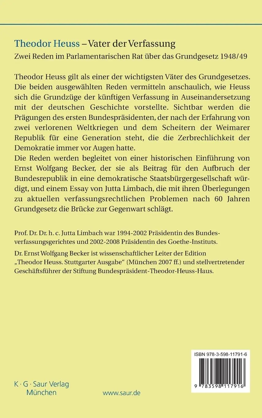 Rückseite: 9783598117916 | Theodor Heuss - Vater der Verfassung | Ernst Wolfgang Becker | Buch