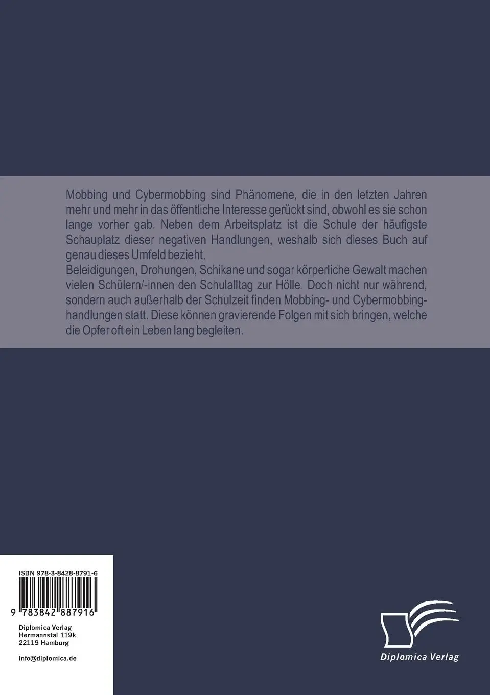 Rückseite: 9783842887916 | Mobbing &amp; Cybermobbing: Eine empirische Untersuchung an drei...