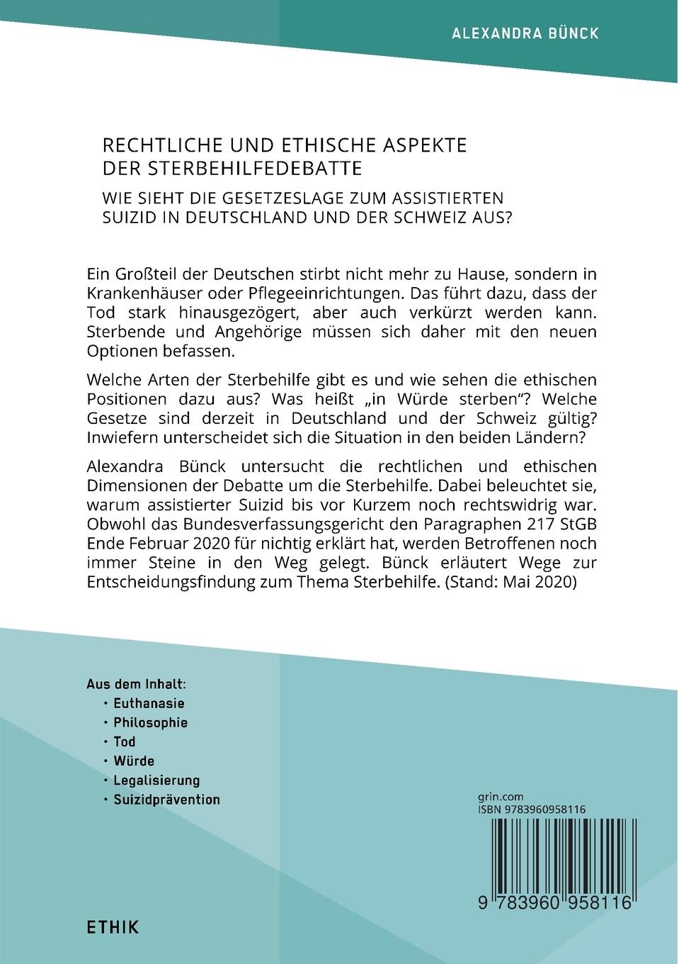 Rückseite: 9783960958116 | Rechtliche und ethische Aspekte der Sterbehilfedebatte. Wie sieht...
