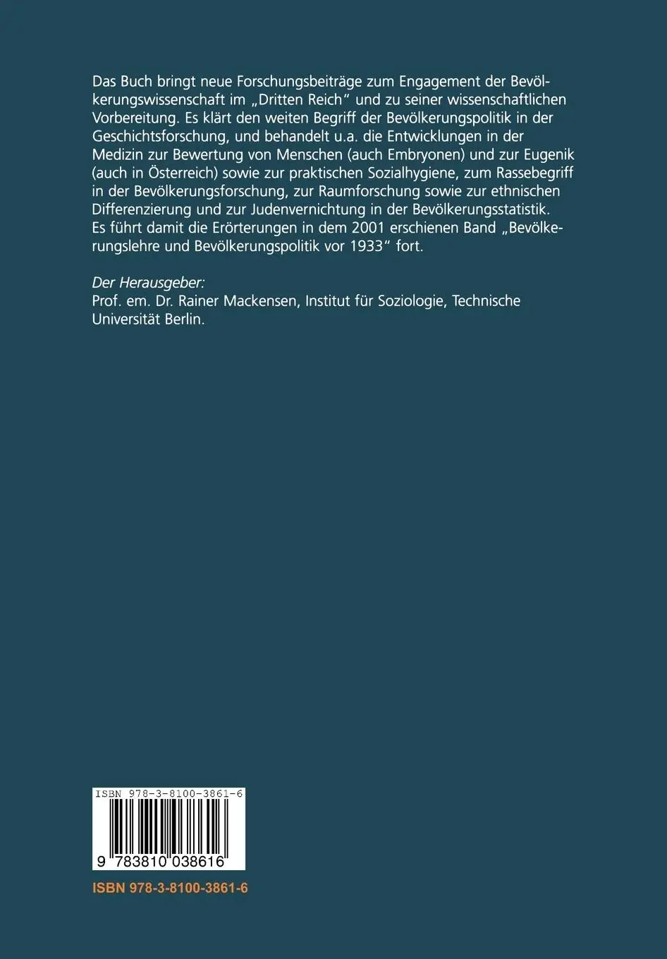 Rückseite: 9783810038616 | Bevölkerungslehre und Bevölkerungspolitik im "Dritten Reich" | Buch