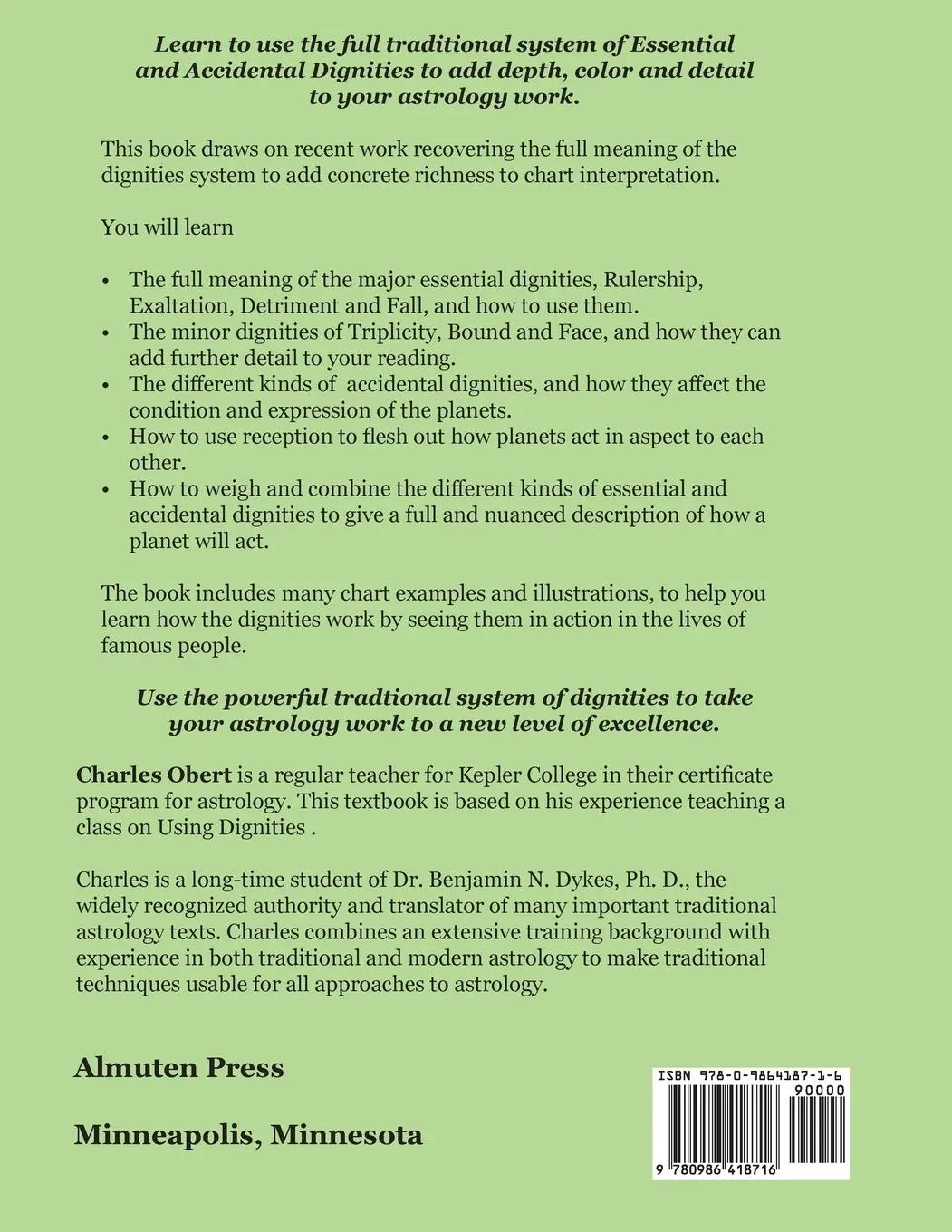 Rückseite: 9780986418716 | Using Dignities in Astrology | Charles Obert | Taschenbuch | Englisch